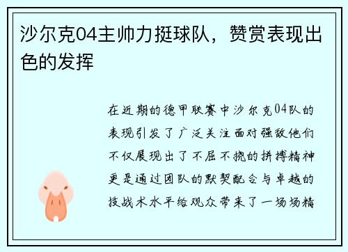 沙尔克04主帅力挺球队，赞赏表现出色的发挥
